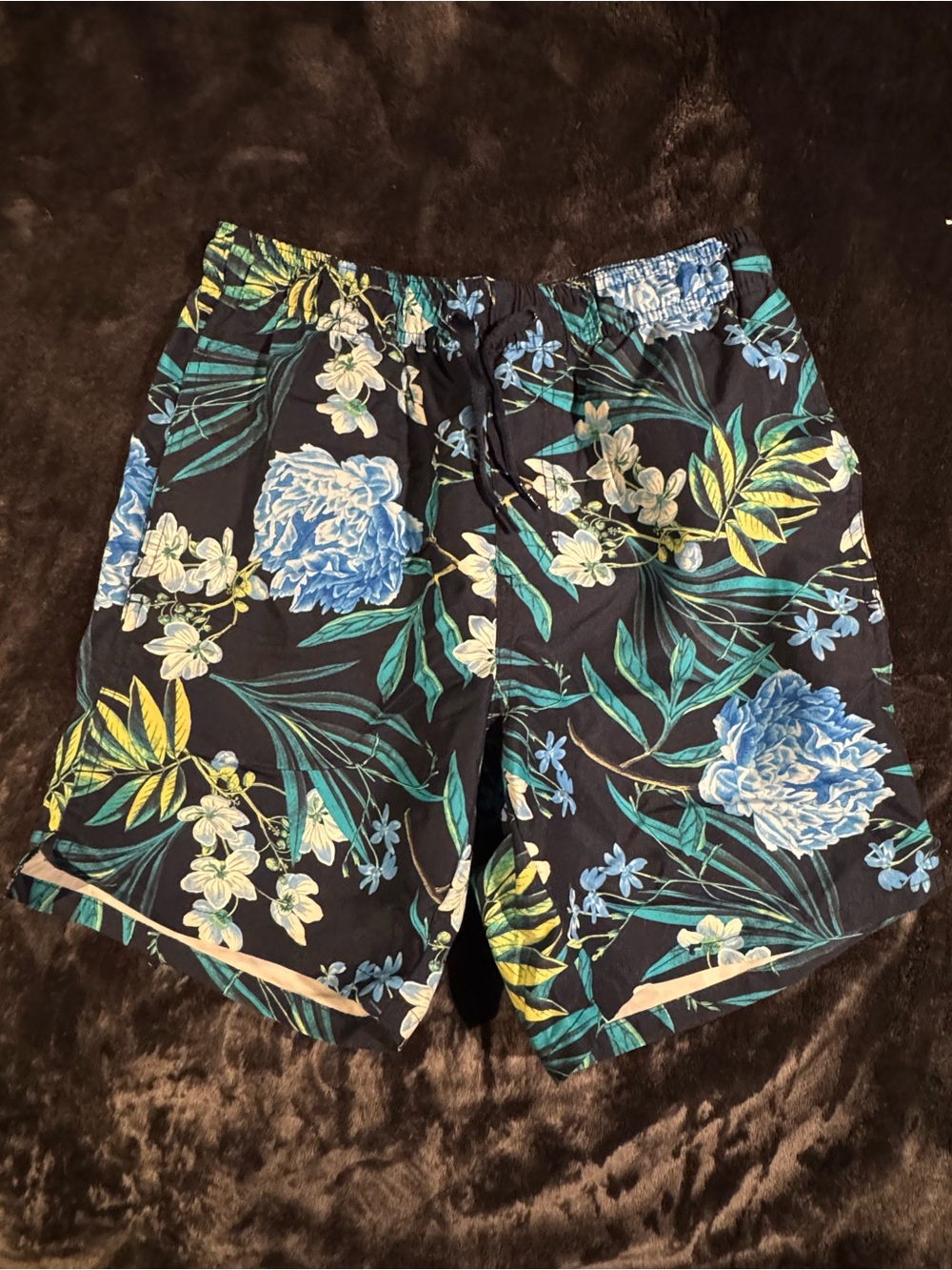 Old Navy Black Swim Shorts with Blue & Green Tropical Print